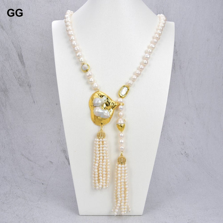 GuaiGuai Jewelry 10mm Cultured White Baroque Pearl Asymmetric Necklace Big Keshi Pearl Pendant 36&quot; - LeisFita.com