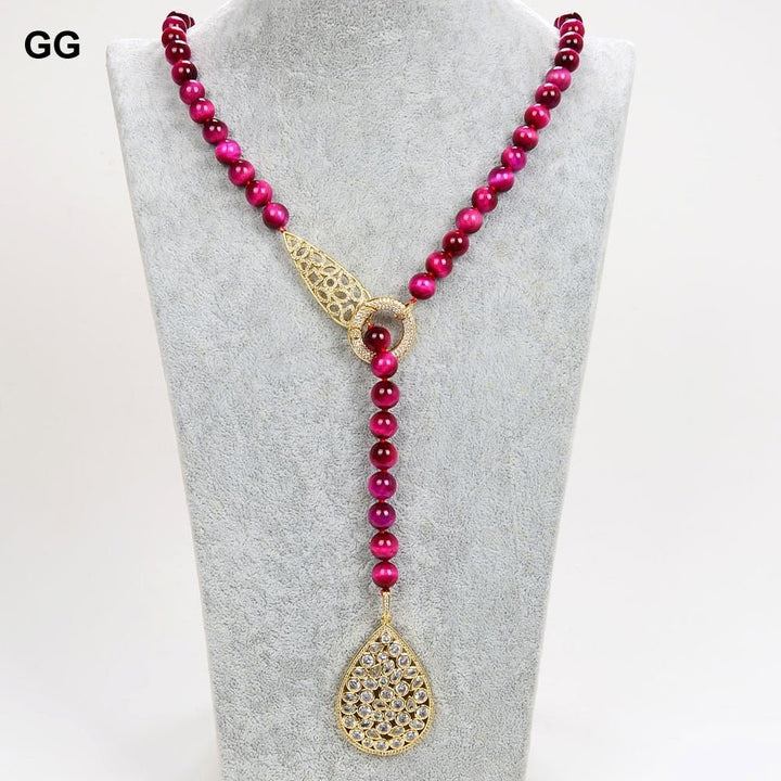 GuaiGuai Jewelry 10mm Fuchsia Tiger Eye Long loop Necklace Cz pave pendant 48&#39;&#39; - LeisFita.com