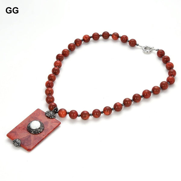 GuaiGuai Jewelry 12mm Red Spongy Coral round Necklace Rectangle Spongy Coral and White Coin Pearl Pendant Necklace 20&quot; - LeisFita.com