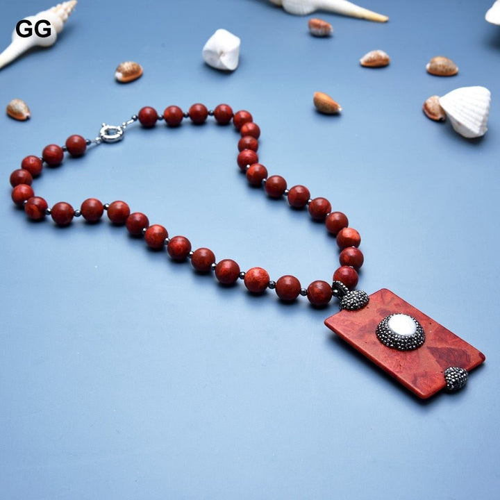 GuaiGuai Jewelry 12mm Red Spongy Coral round Necklace Rectangle Spongy Coral and White Coin Pearl Pendant Necklace 20&quot; - LeisFita.com
