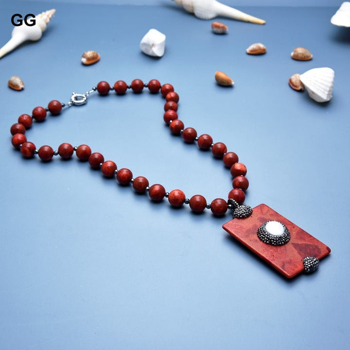GuaiGuai Jewelry 12mm Red Spongy Coral round Necklace Rectangle Spongy Coral and White Coin Pearl Pendant Necklace 20&quot; - LeisFita.com