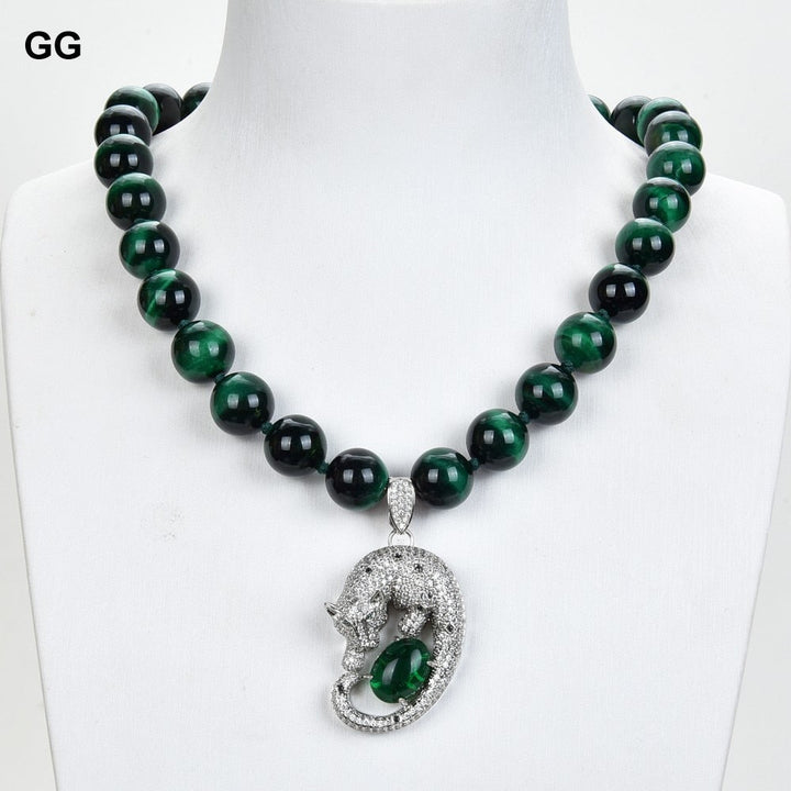 GuaiGuai Jewelry 14mm Round Green Tigers eye CZ Pave Necklace Pendant 18&#39;&#39; - LeisFita.com