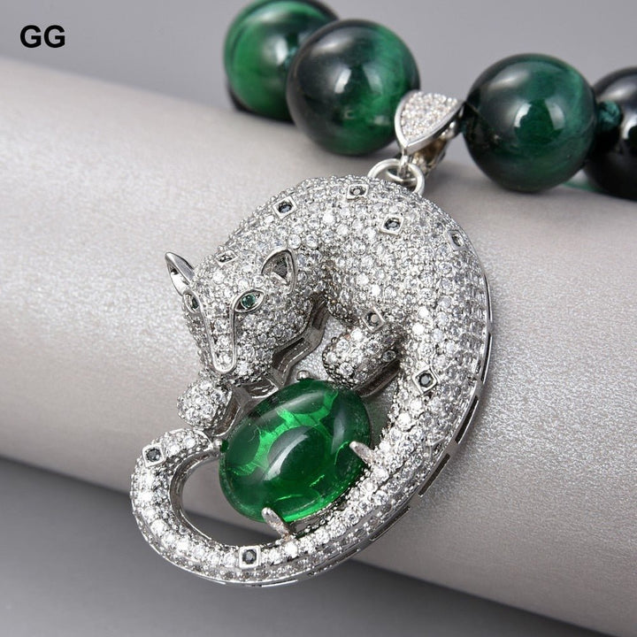 GuaiGuai Jewelry 14mm Round Green Tigers eye CZ Pave Necklace Pendant 18&#39;&#39; - LeisFita.com