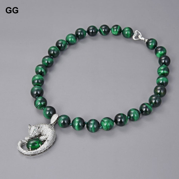 GuaiGuai Jewelry 14mm Round Green Tigers eye CZ Pave Necklace Pendant 18&#39;&#39; - LeisFita.com