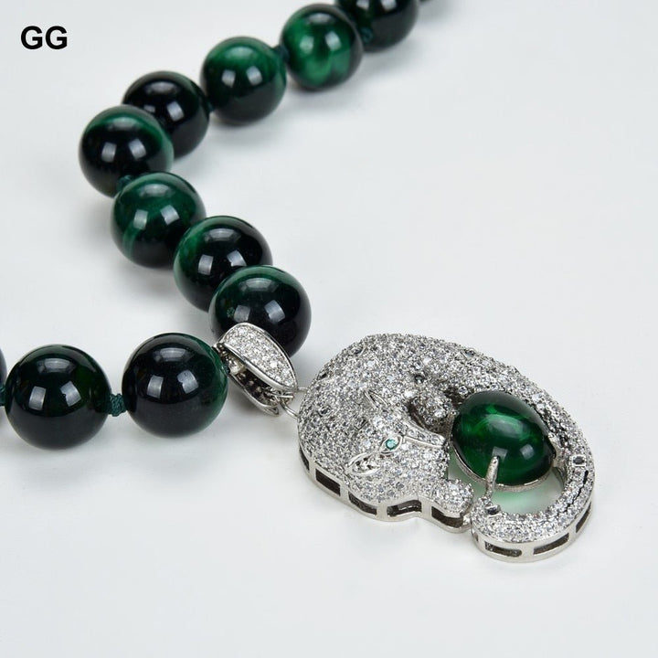 GuaiGuai Jewelry 14mm Round Green Tigers eye CZ Pave Necklace Pendant 18&#39;&#39; - LeisFita.com