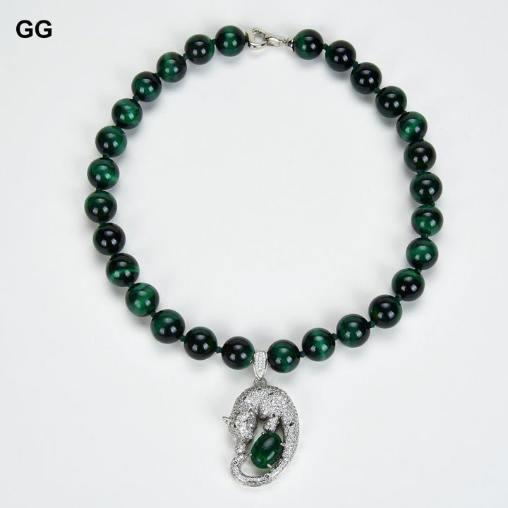 GuaiGuai Jewelry 14mm Round Green Tigers eye CZ Pave Necklace Pendant 18&#39;&#39; - LeisFita.com