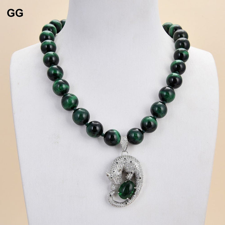 GuaiGuai Jewelry 14mm Round Green Tigers eye CZ Pave Necklace Pendant 18&#39;&#39; - LeisFita.com