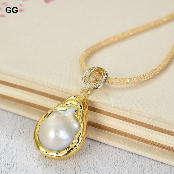 GuaiGuai Jewelry 17&#39;&#39; 18x26MM Natural White Keshi Baroque Pearl Pendant Necklace For Women - LeisFita.com