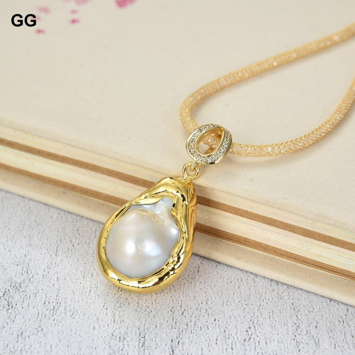 GuaiGuai Jewelry 17&#39;&#39; 18x26MM Natural White Keshi Baroque Pearl Pendant Necklace For Women - LeisFita.com