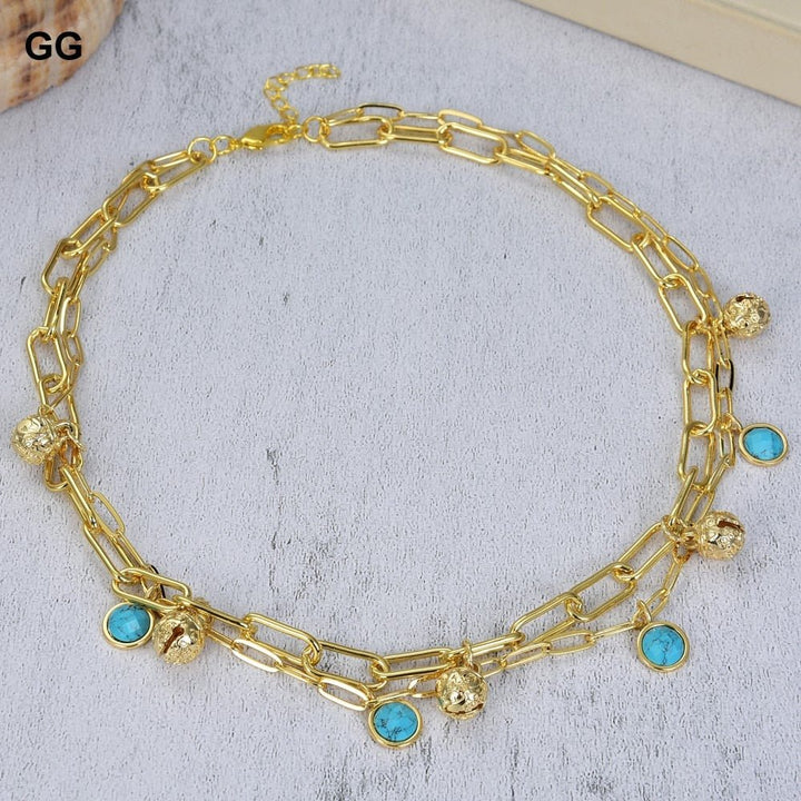 GuaiGuai Jewelry 17&#39;&#39; 2 Rows Gold Color Plated Small Bell Blue Turquoises Coin Pendant Chain Necklace For Women - LeisFita.com