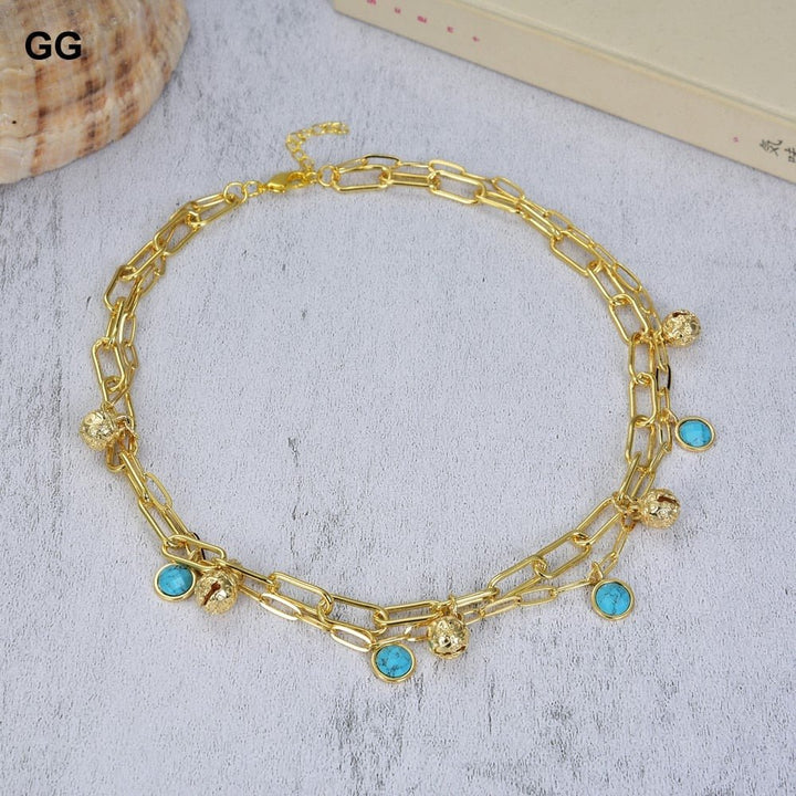 GuaiGuai Jewelry 17&#39;&#39; 2 Rows Gold Color Plated Small Bell Blue Turquoises Coin Pendant Chain Necklace For Women - LeisFita.com