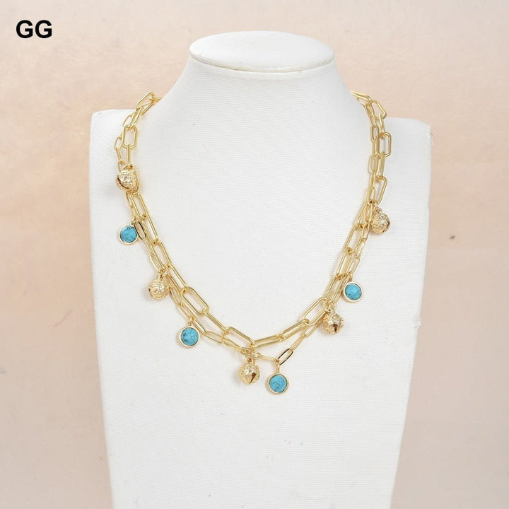 GuaiGuai Jewelry 17&#39;&#39; 2 Rows Gold Color Plated Small Bell Blue Turquoises Coin Pendant Chain Necklace For Women - LeisFita.com