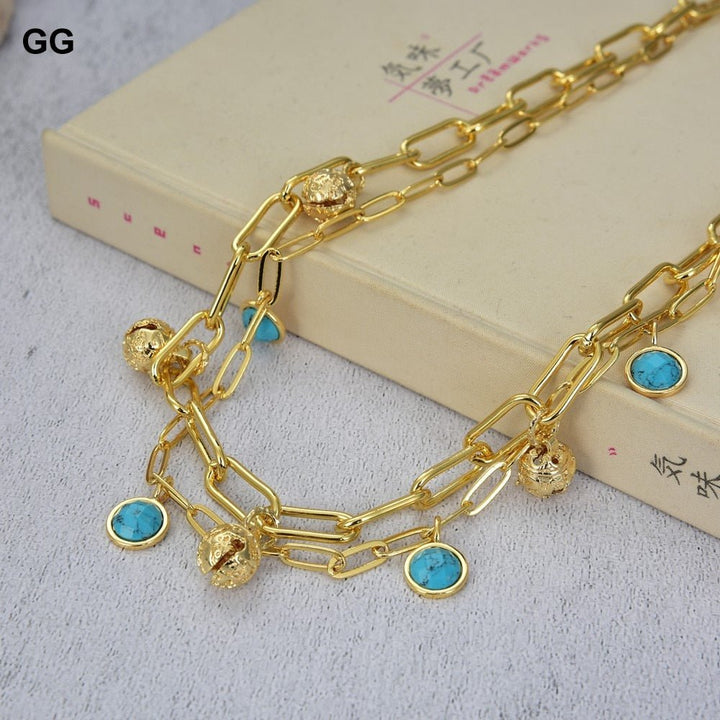 GuaiGuai Jewelry 17&#39;&#39; 2 Rows Gold Color Plated Small Bell Blue Turquoises Coin Pendant Chain Necklace For Women - LeisFita.com