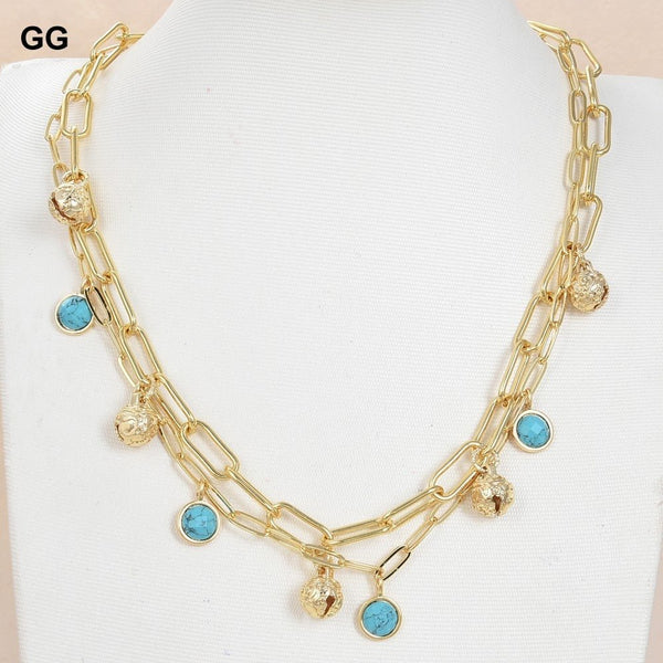 GuaiGuai Jewelry 17&#39;&#39; 2 Rows Gold Color Plated Small Bell Blue Turquoises Coin Pendant Chain Necklace For Women - LeisFita.com
