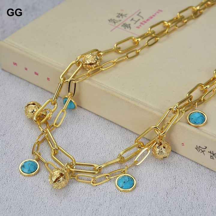 GuaiGuai Jewelry 17&#39;&#39; 2 Rows Gold Color Plated Small Bell Blue Turquoises Coin Pendant Chain Necklace For Women - LeisFita.com