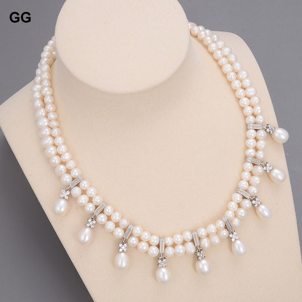 GuaiGuai Jewelry 17.5&quot; 2 Rows Freshwater White Pearl Necklace Victoria Jewelry - LeisFita.com