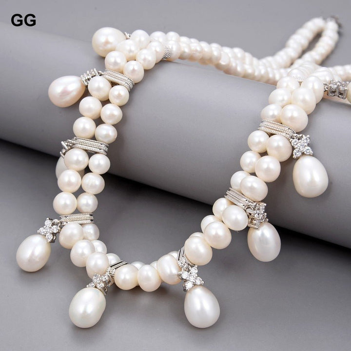 GuaiGuai Jewelry 17.5&quot; 2 Rows Freshwater White Pearl Necklace Victoria Jewelry - LeisFita.com