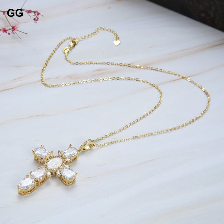 GuaiGuai Jewelry 17.5&quot; Virgin Mary Cross Pendant necklace shell pearl Cubic Zirconia Necklace - LeisFita.com