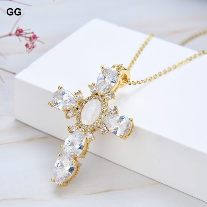 GuaiGuai Jewelry 17.5&quot; Virgin Mary Cross Pendant necklace shell pearl Cubic Zirconia Necklace - LeisFita.com