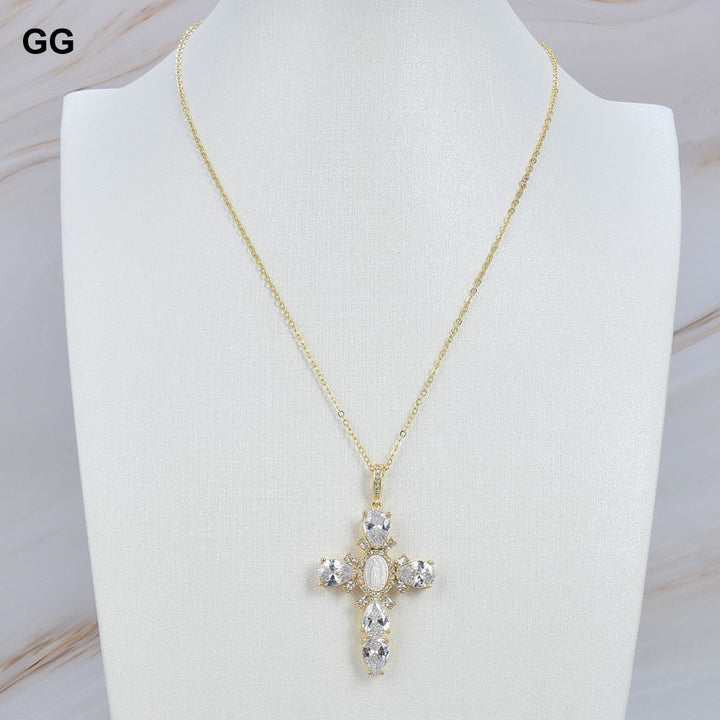 GuaiGuai Jewelry 17.5&quot; Virgin Mary Cross Pendant necklace shell pearl Cubic Zirconia Necklace - LeisFita.com