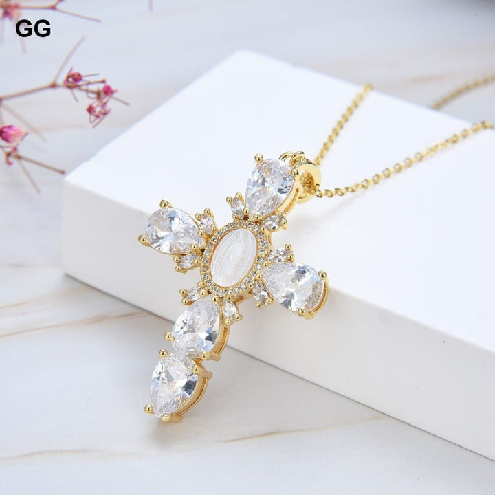 GuaiGuai Jewelry 17.5&quot; Virgin Mary Cross Pendant necklace shell pearl Cubic Zirconia Necklace - LeisFita.com