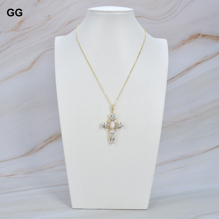 GuaiGuai Jewelry 17.5&quot; Virgin Mary Cross Pendant necklace shell pearl Cubic Zirconia Necklace - LeisFita.com