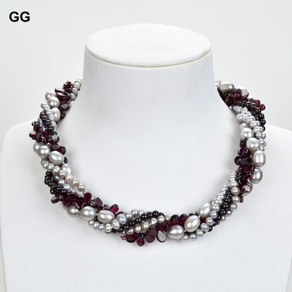 GuaiGuai Jewelry 17&quot; 5 Strands Gray Rice Pearl Round Pearl Garnet Necklace - LeisFita.com