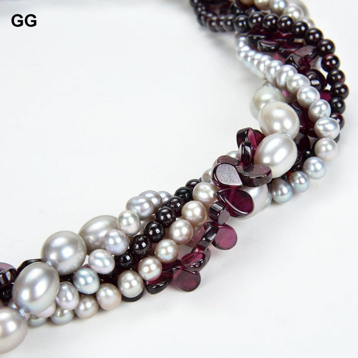 GuaiGuai Jewelry 17&quot; 5 Strands Gray Rice Pearl Round Pearl Garnet Necklace - LeisFita.com