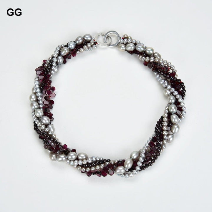 GuaiGuai Jewelry 17&quot; 5 Strands Gray Rice Pearl Round Pearl Garnet Necklace - LeisFita.com