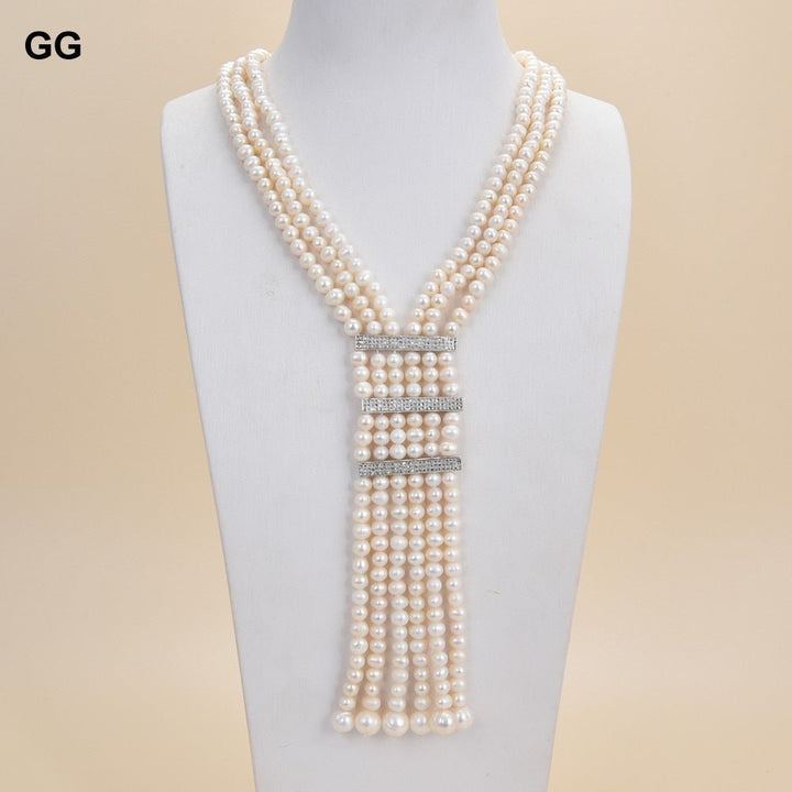 GuaiGuai Jewelry 18-19&quot; Natural 6-7mm White Pearl 3 Rows White Round Pearl Necklace CZ Connector - LeisFita.com