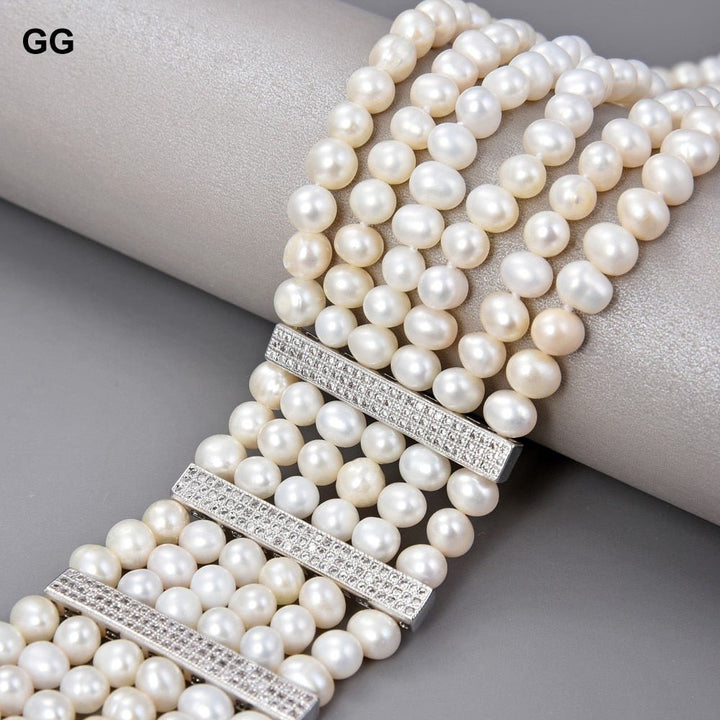 GuaiGuai Jewelry 18-19&quot; Natural 6-7mm White Pearl 3 Rows White Round Pearl Necklace CZ Connector - LeisFita.com