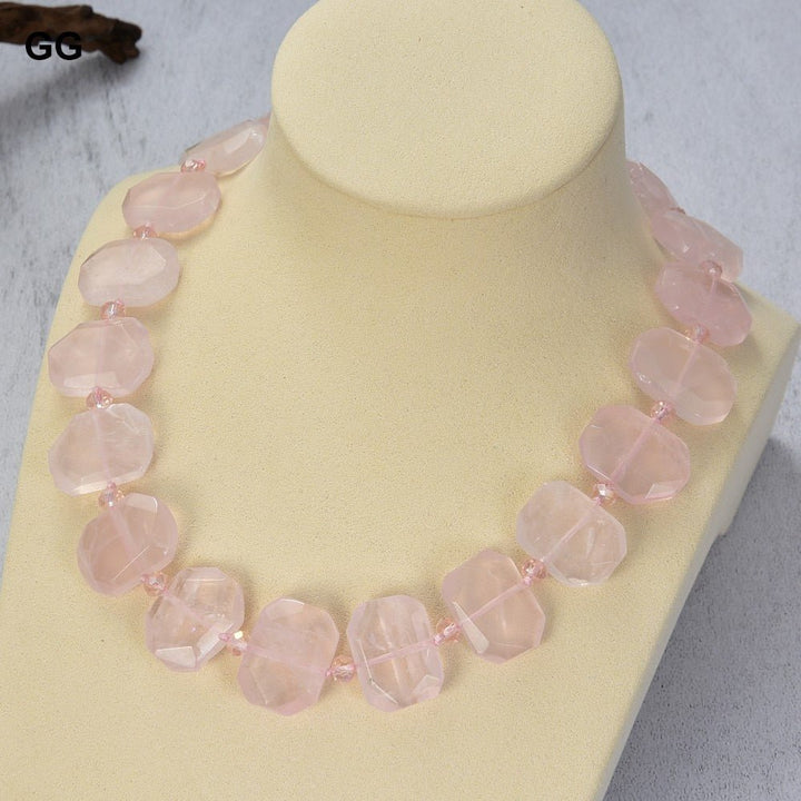 GuaiGuai Jewelry 18&#39;&#39; 20MMx23MM Natural Pink Rose Quartzs Faceted Slice Rectangular Necklace - LeisFita.com