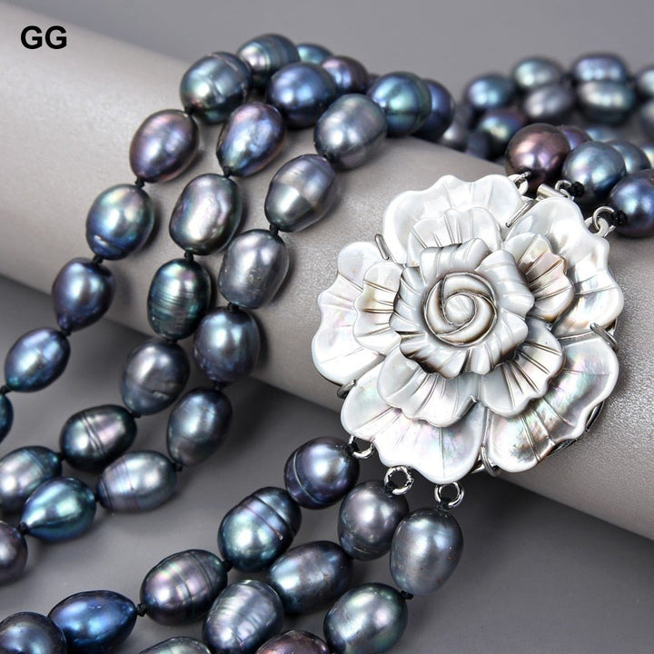 GuaiGuai Jewelry 18&#39;&#39; 3 Strands Natural Black Rice Pearl Necklace Shell Flower Clasp For Women - LeisFita.com