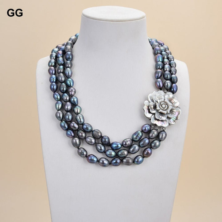 GuaiGuai Jewelry 18&#39;&#39; 3 Strands Natural Black Rice Pearl Necklace Shell Flower Clasp For Women - LeisFita.com