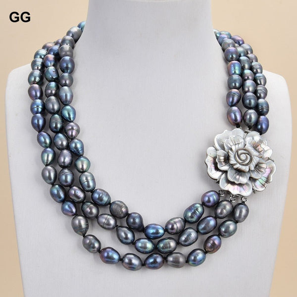 GuaiGuai Jewelry 18&#39;&#39; 3 Strands Natural Black Rice Pearl Necklace Shell Flower Clasp For Women - LeisFita.com