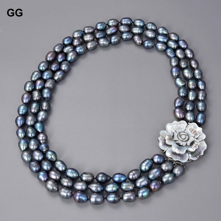 GuaiGuai Jewelry 18&#39;&#39; 3 Strands Natural Black Rice Pearl Necklace Shell Flower Clasp For Women - LeisFita.com