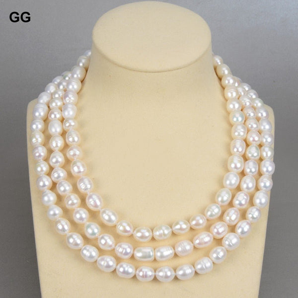 GuaiGuai Jewelry 18&#39;&#39; 3 Strands Natural White Rice Pearl Necklace For Women - LeisFita.com