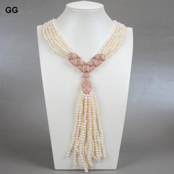 GuaiGuai Jewelry 18&#39;&#39; 5 Strands Natural White Pearl Necklace CZ Pendant For Women - LeisFita.com