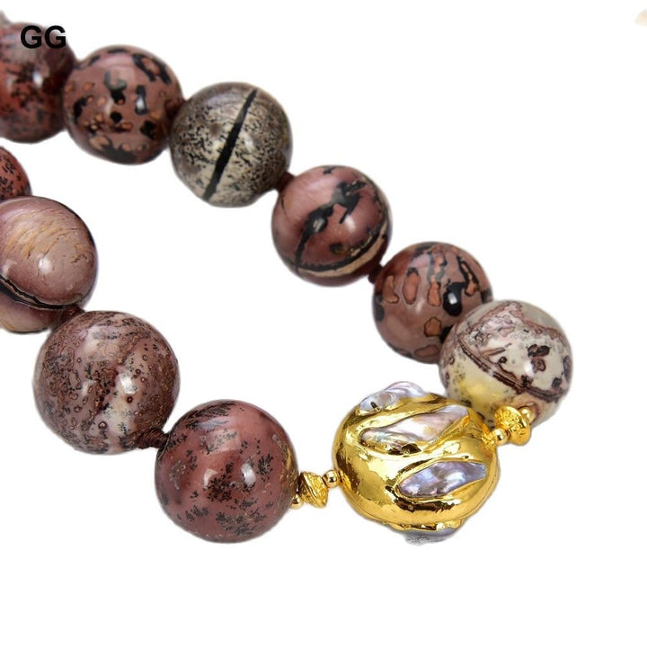GuaiGuai Jewelry 18MM 19&#39;&#39; Picture Jasper Stone Smooth Round White Keshi Pearl Necklace - LeisFita.com