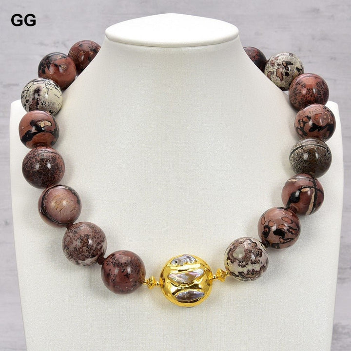 GuaiGuai Jewelry 18MM 19&#39;&#39; Picture Jasper Stone Smooth Round White Keshi Pearl Necklace - LeisFita.com