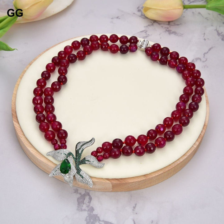 GuaiGuai Jewelry 18&quot;-19&#39;&#39; 2 Rows Rose Fuchsia Agate Necklace Green Crystal CZ Flower Pendant - LeisFita.com
