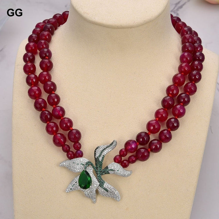 GuaiGuai Jewelry 18&quot;-19&#39;&#39; 2 Rows Rose Fuchsia Agate Necklace Green Crystal CZ Flower Pendant - LeisFita.com