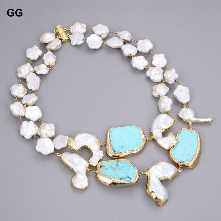 GuaiGuai Jewelry 18&quot; 2 Rows Natural Cultured White Keshi Flower Pearl Blue Turquoises Necklace - LeisFita.com