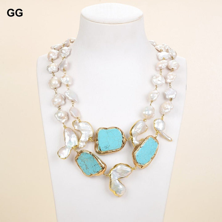 GuaiGuai Jewelry 18&quot; 2 Rows Natural Cultured White Keshi Flower Pearl Blue Turquoises Necklace - LeisFita.com