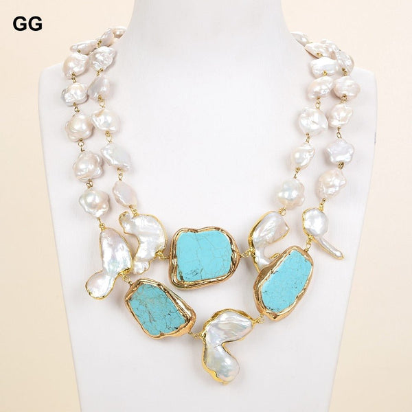 GuaiGuai Jewelry 18&quot; 2 Rows Natural Cultured White Keshi Flower Pearl Blue Turquoises Necklace - LeisFita.com