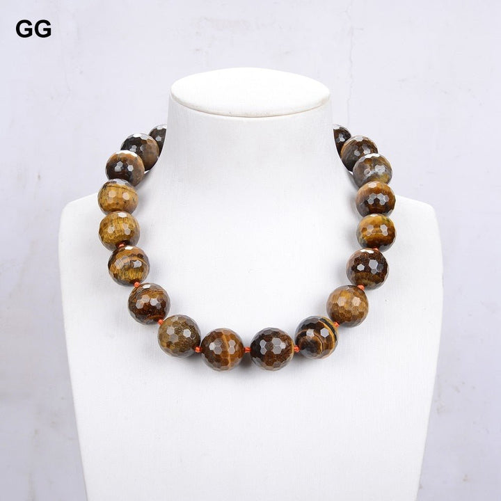 GuaiGuai Jewelry 18&quot; 20MM Natural Faceted Round Tigers Eye Necklace For Women - LeisFita.com