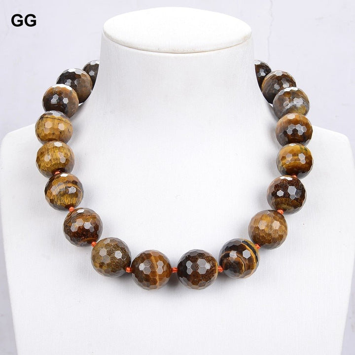 GuaiGuai Jewelry 18&quot; 20MM Natural Faceted Round Tigers Eye Necklace For Women - LeisFita.com
