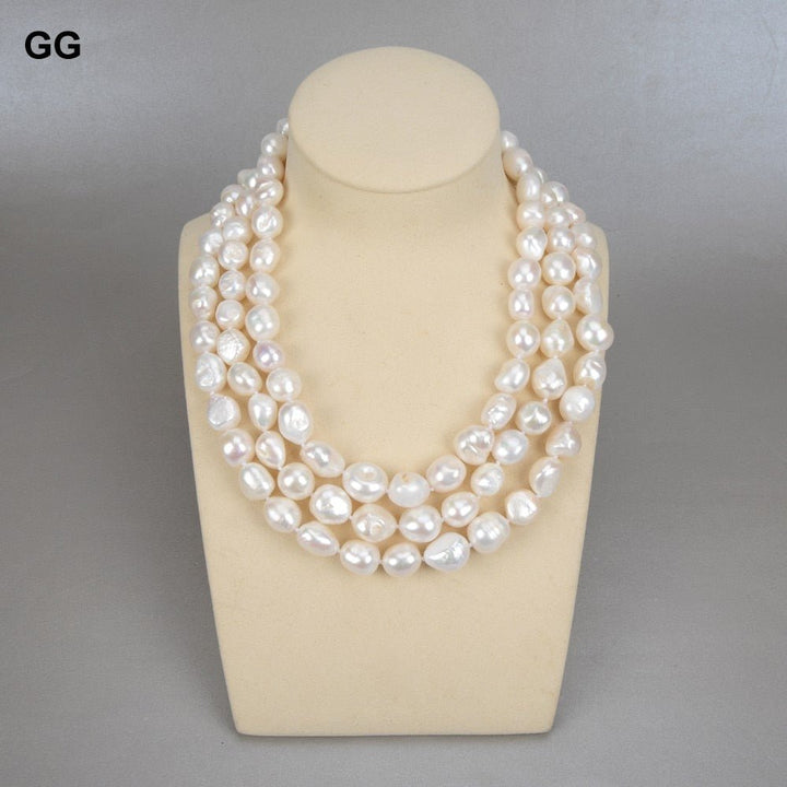 GuaiGuai Jewelry 18&quot; 3 Strands 11x15mm Natural White Baroque Pearl Necklace Classic For Women - LeisFita.com
