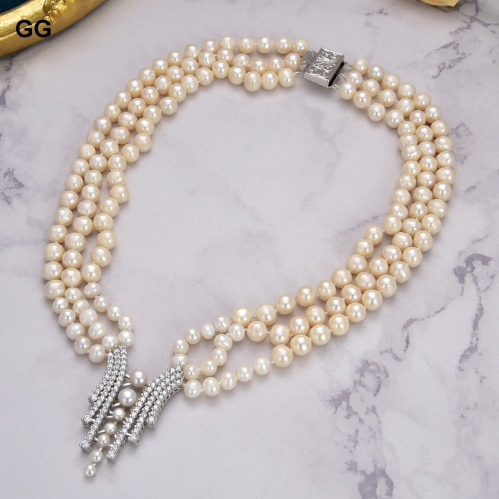 GuaiGuai Jewelry 18&quot; 3 Strands Cultured White Pearl Necklace CZ Pave Pendant - LeisFita.com