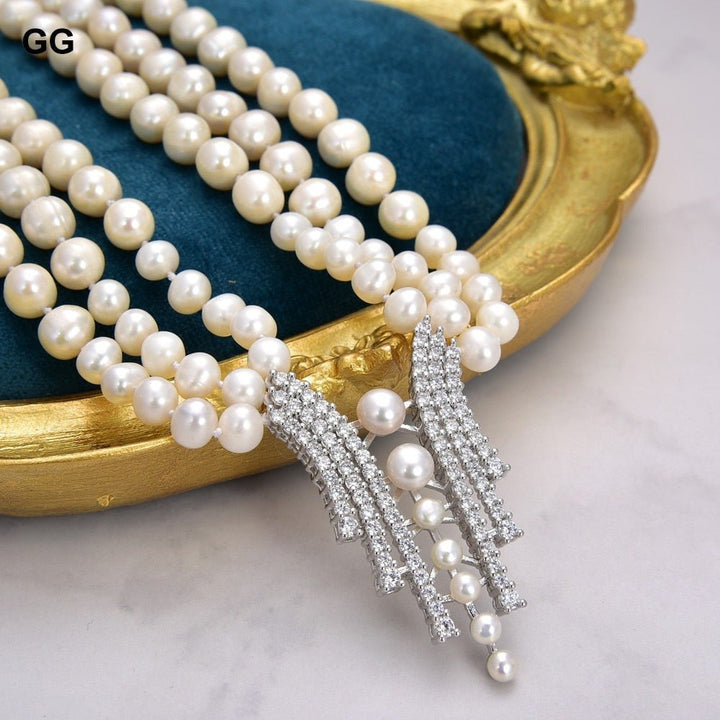 GuaiGuai Jewelry 18&quot; 3 Strands Cultured White Pearl Necklace CZ Pave Pendant - LeisFita.com